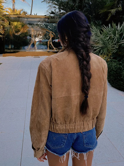 Modische Damenjacke aus Wildleder – Kurz, Lässig, mit Taschen, Langarm für Frühling und Herbst 3
