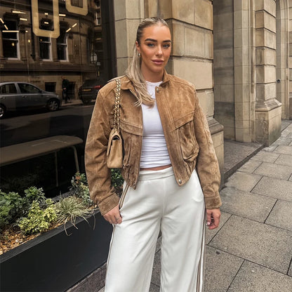 Modische Damenjacke aus Wildleder – Kurz, Lässig, mit Taschen, Langarm für Frühling und Herbst 6