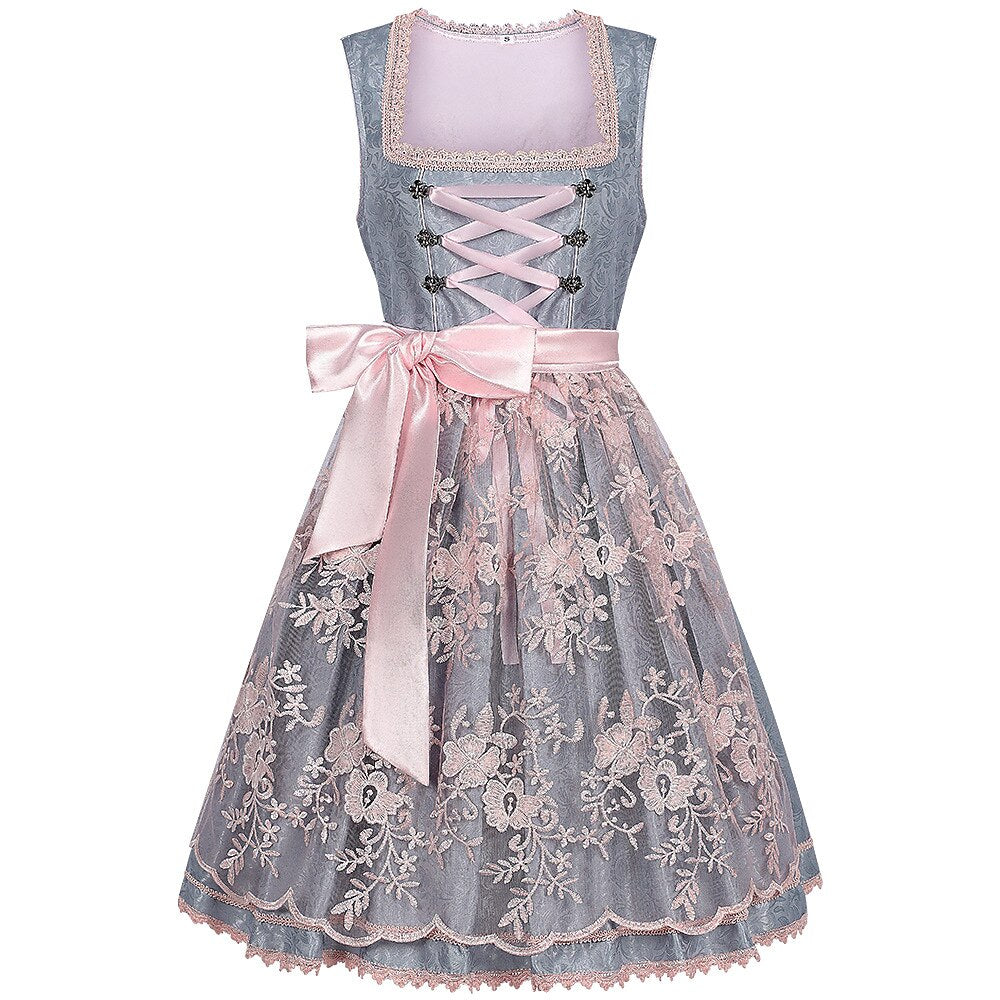 Oktoberfest-Dirndlkleid in Grau mit rosa Spitzenschürze 0