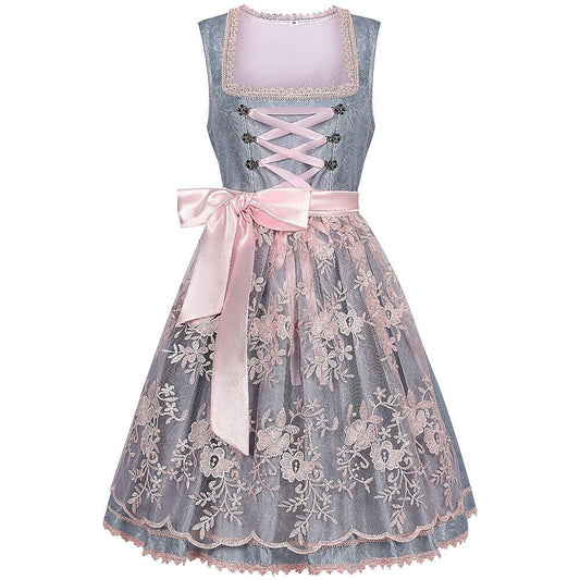 Oktoberfest-Dirndlkleid in Grau mit rosa Spitzenschürze 0