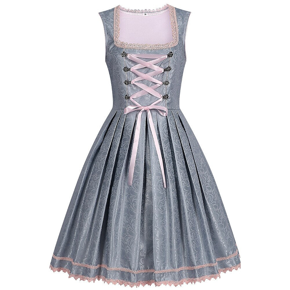Oktoberfest-Dirndlkleid in Grau mit rosa Spitzenschürze 2