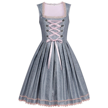 Oktoberfest-Dirndlkleid in Grau mit rosa Spitzenschürze 2