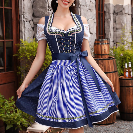 Oktoberfest 3-teiliges blaues Dirndl mit Schürze und Bluse 0