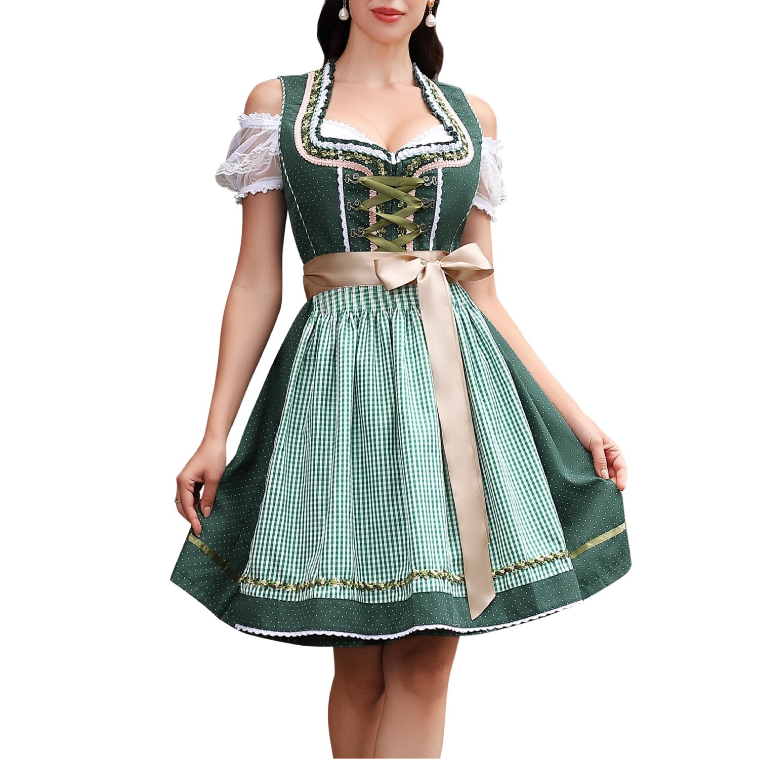 Oktoberfest 3-teiliges grünes Dirndl mit Schürze und Bluse 4