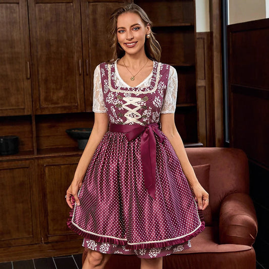 Oktoberfest Burgunder Blumen Dirndl mit Schürze 0