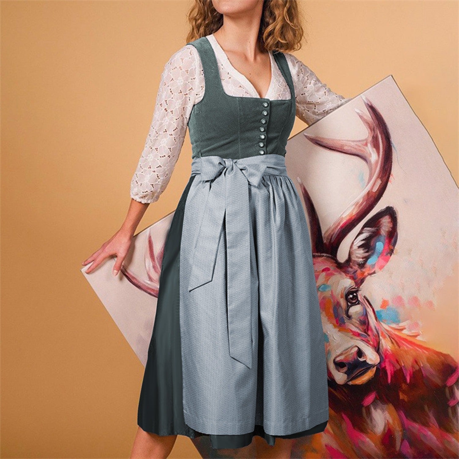 Oktoberfest Damen Dirndl grau mit Schürze 3