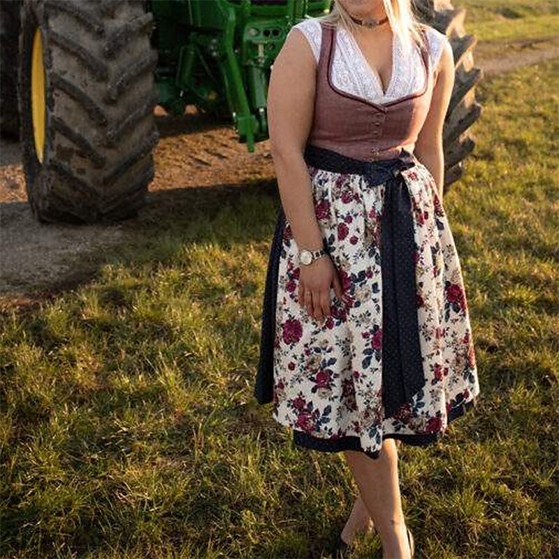 Oktoberfest Damen Rosa Dirndlkleid mit gepunkteter Schürze 6