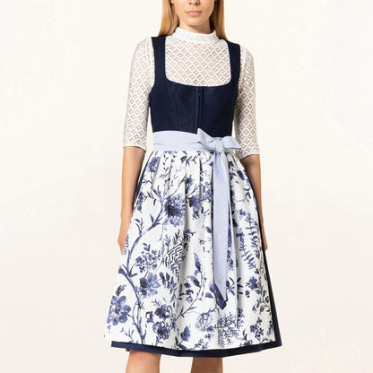 Oktoberfest Dirndlkleid mit blauem Blumenmuster und Schürze 0