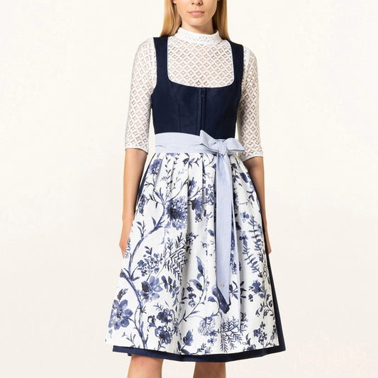 Oktoberfest Dirndlkleid mit blauem Blumenmuster und Schürze 0