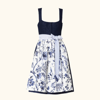 Oktoberfest Dirndlkleid mit blauem Blumenmuster und Schürze 1
