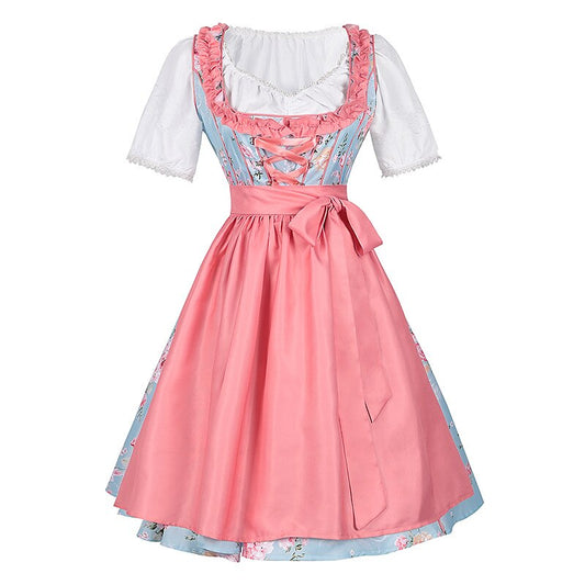 Oktoberfest Dirndlkleid mit rosa Blumenmuster, Schürze und Bluse 0