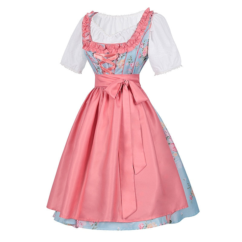 Oktoberfest Dirndlkleid mit rosa Blumenmuster, Schürze und Bluse 1