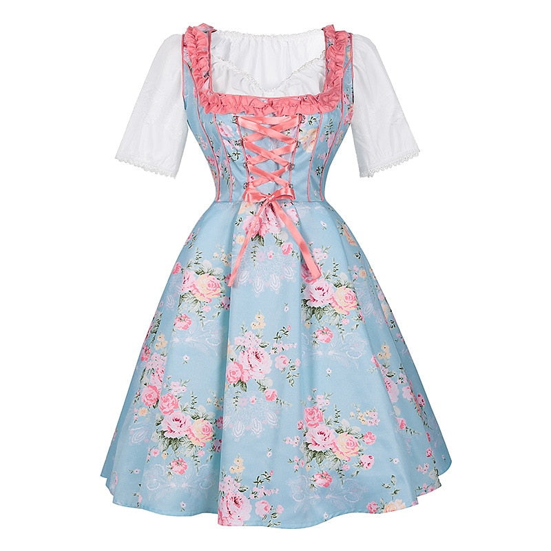 Oktoberfest Dirndlkleid mit rosa Blumenmuster, Schürze und Bluse 2