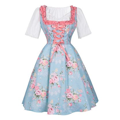 Oktoberfest Dirndlkleid mit rosa Blumenmuster, Schürze und Bluse 2