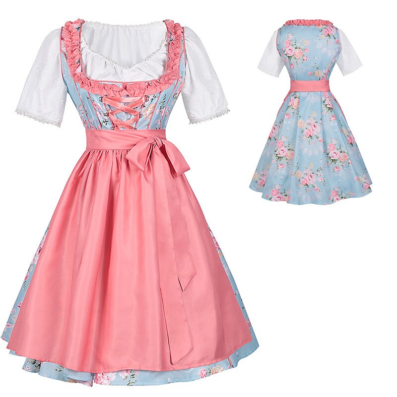 Oktoberfest Dirndlkleid mit rosa Blumenmuster, Schürze und Bluse 3