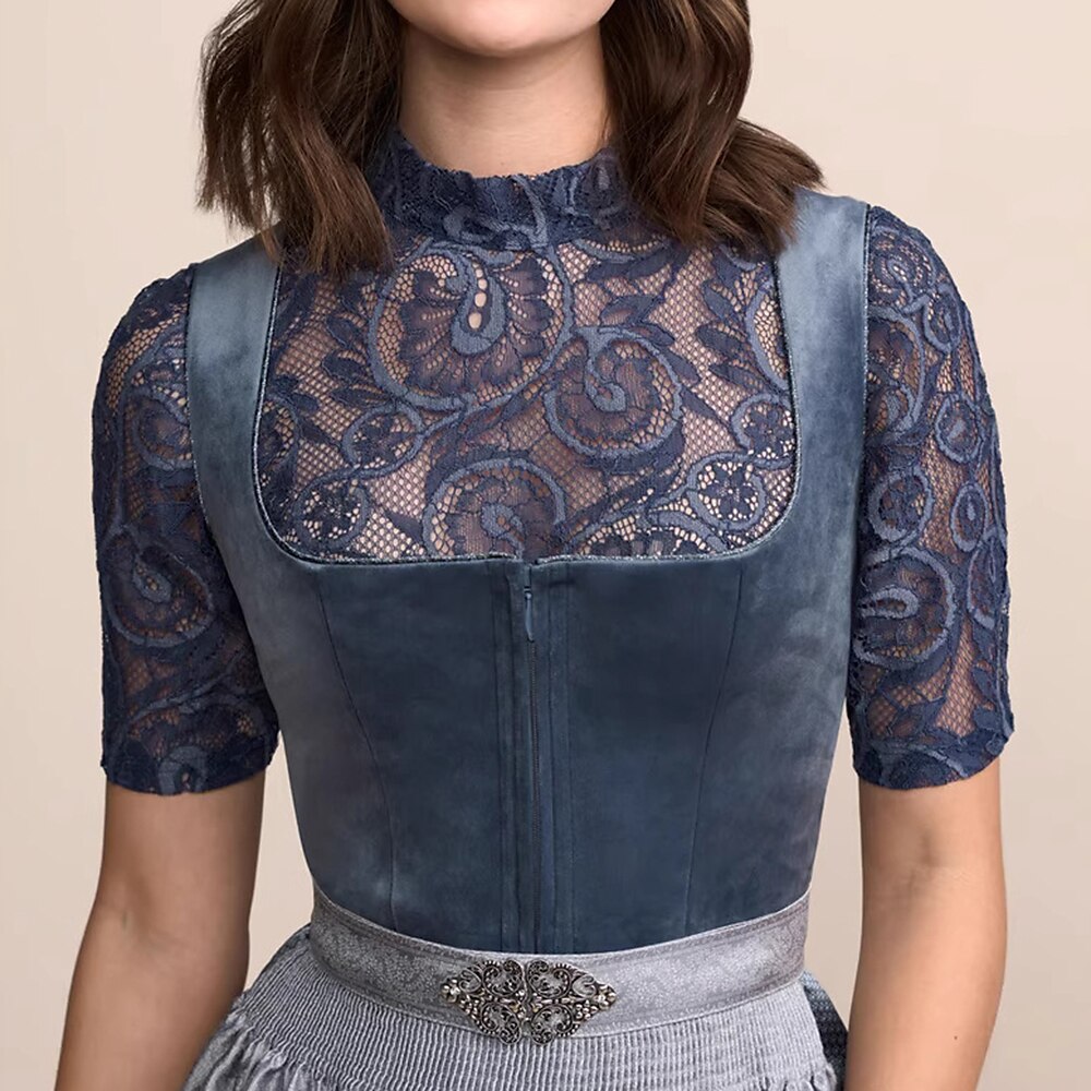 Oktoberfest Dunkelblaues klassisches Dirndlkleid mit Schürze 3
