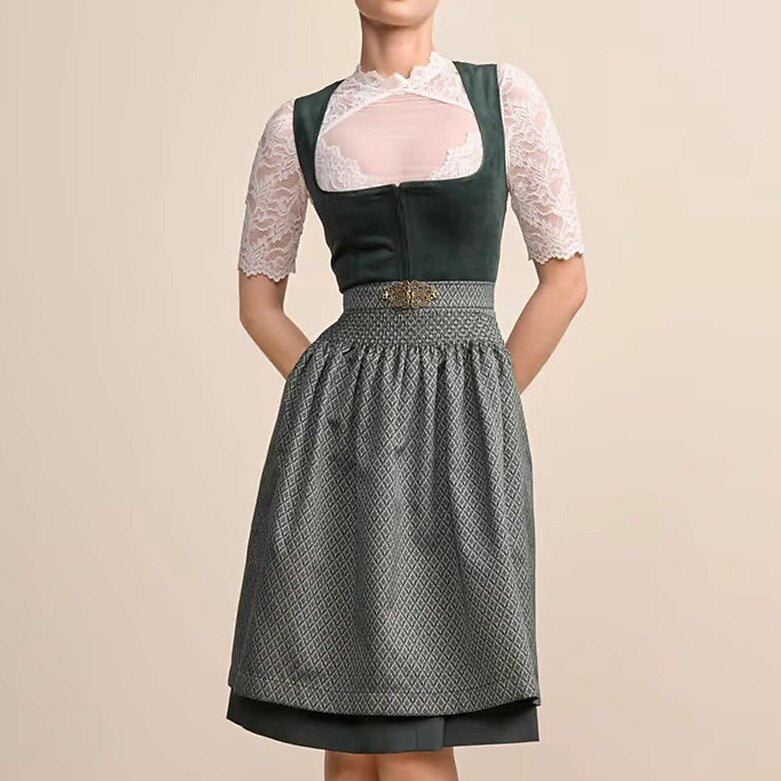 Oktoberfest Dunkelgrünes Dirndlkleid mit Schürze 0