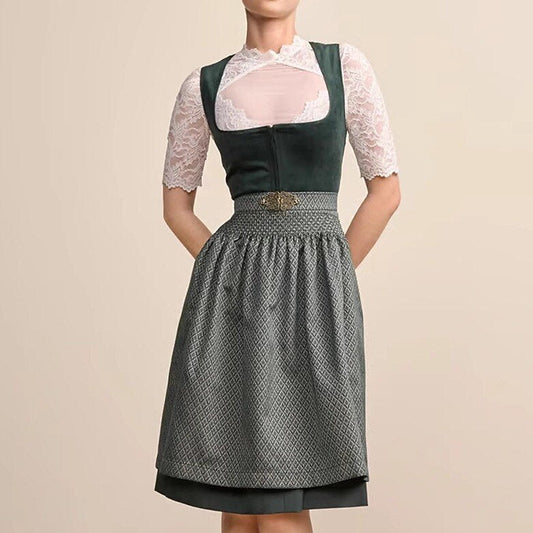Oktoberfest Dunkelgrünes Dirndlkleid mit Schürze 0