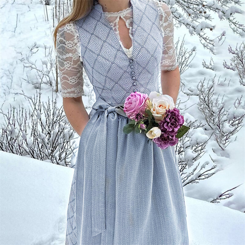 Oktoberfest Grau Elegantes Dirndlkleid mit Schürze 0