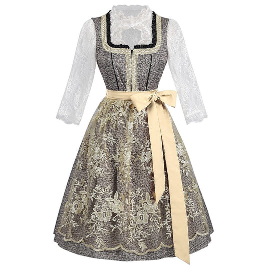 Oktoberfest Graues Dirndlkleid mit Spitzenschürze und Bluse 0