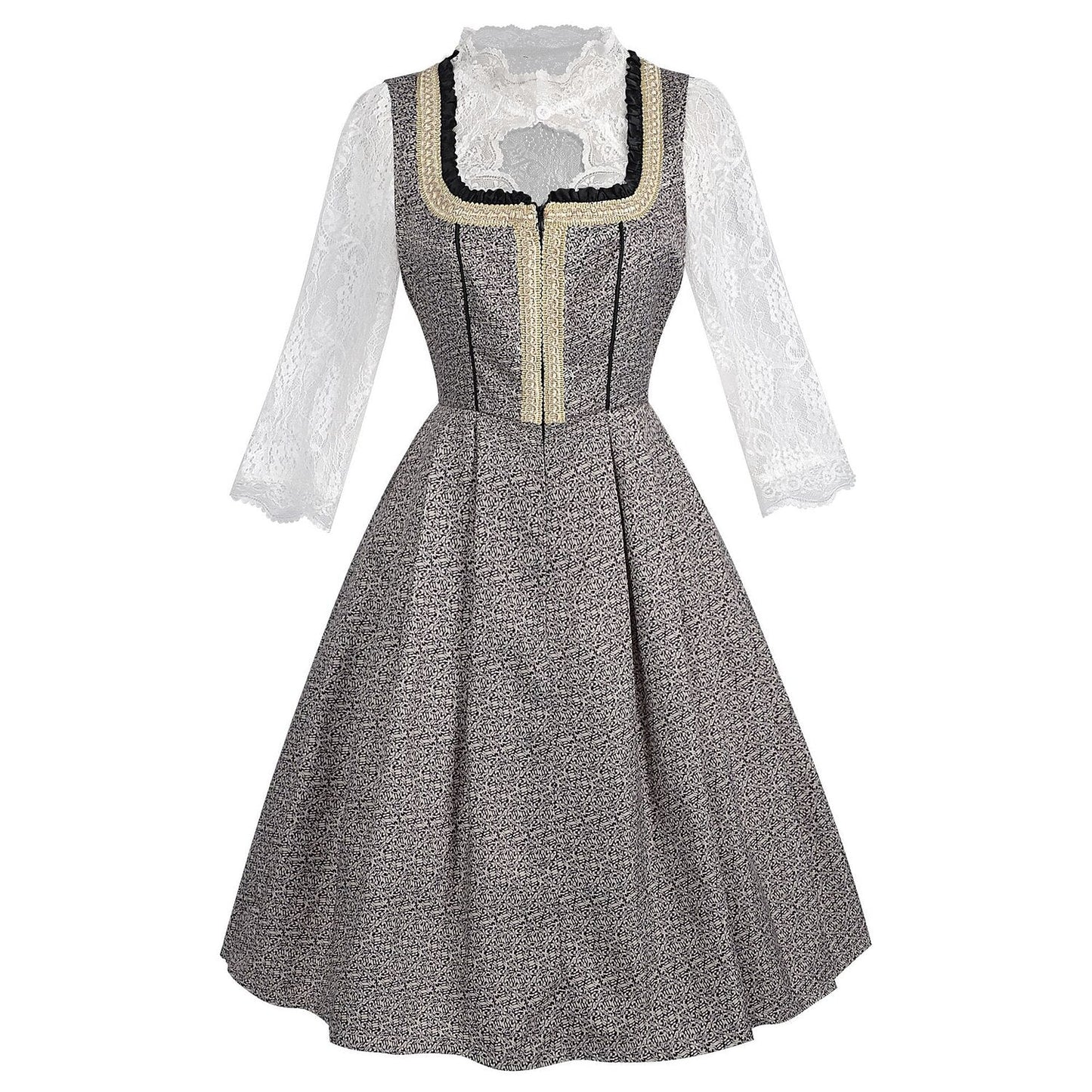 Oktoberfest Graues Dirndlkleid mit Spitzenschürze und Bluse 2