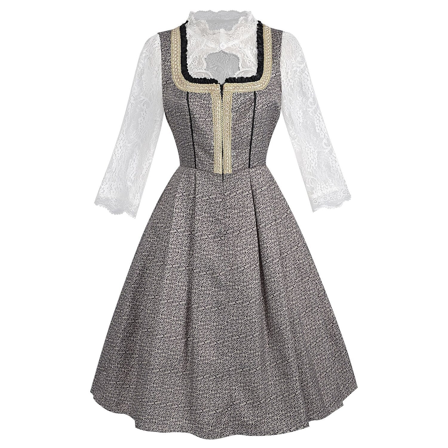 Oktoberfest Graues Dirndlkleid mit Spitzenschürze und Bluse 2