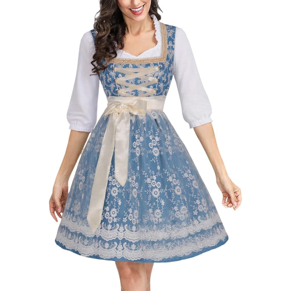 Oktoberfest Kostüm Blaues Dirndlkleid mit Bluse und Spitzenschürze 0