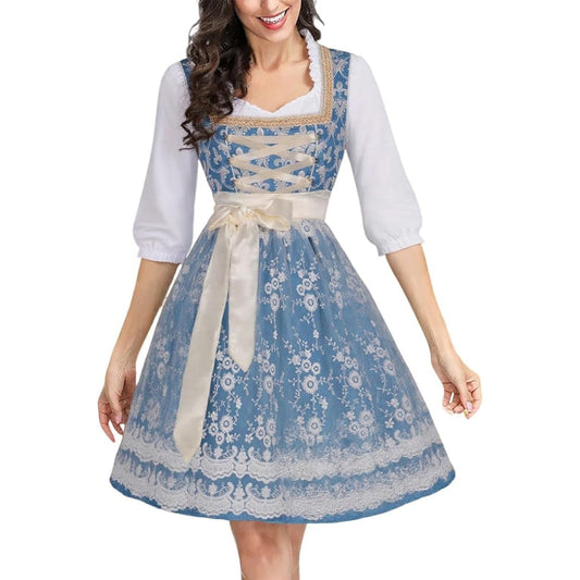 Oktoberfest Kostüm Blaues Dirndlkleid mit Bluse und Spitzenschürze 0