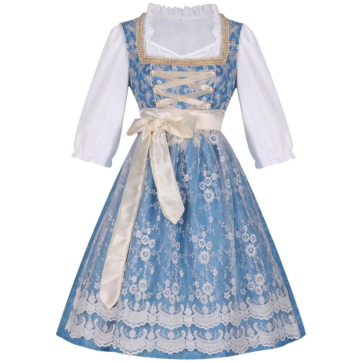Oktoberfest Kostüm Blaues Dirndlkleid mit Bluse und Spitzenschürze 1