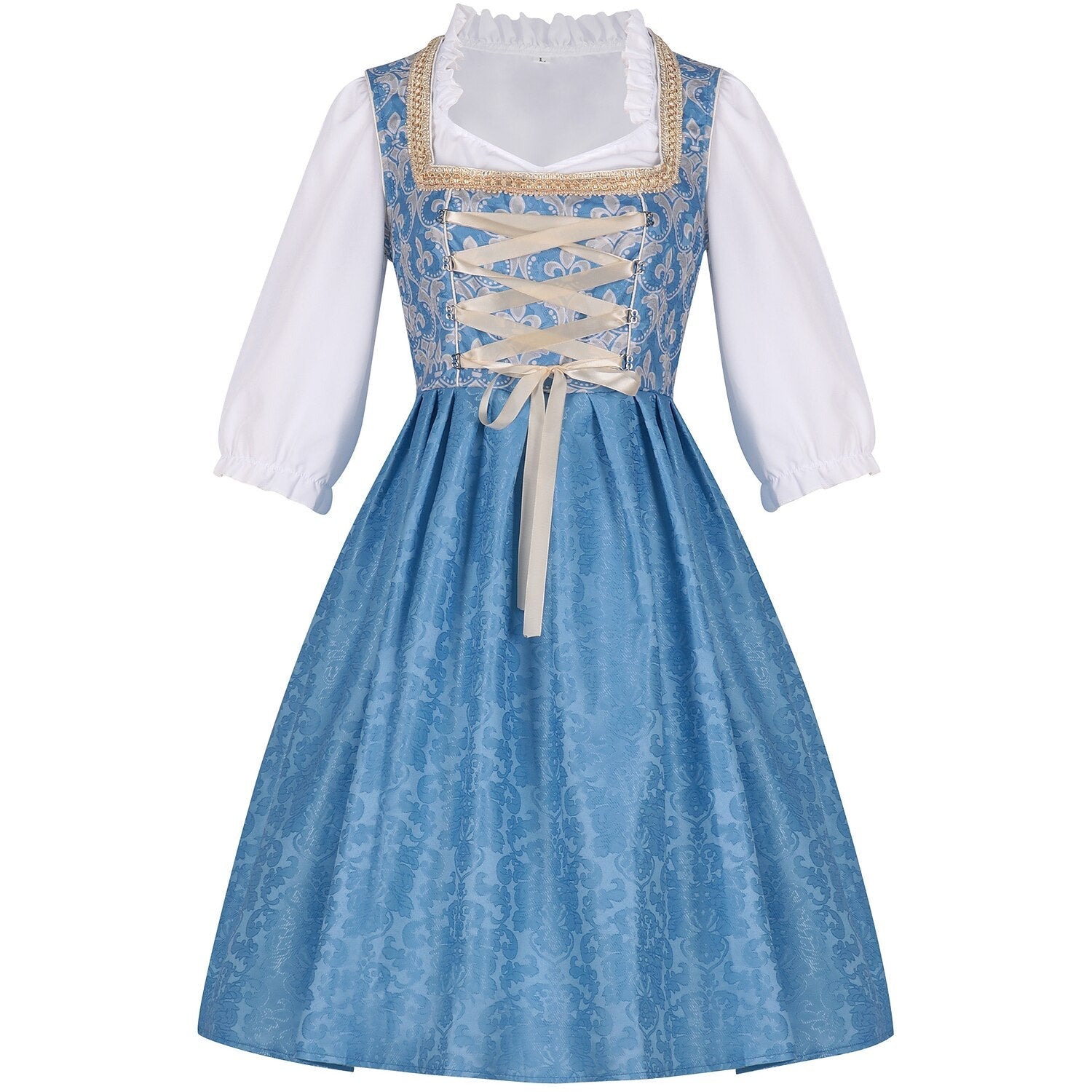 Oktoberfest Kostüm Blaues Dirndlkleid mit Bluse und Spitzenschürze 2