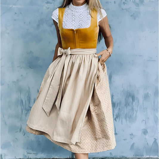 Oktoberfest Orange Vintage Dirndl Kleid mit Beige Schürze 0