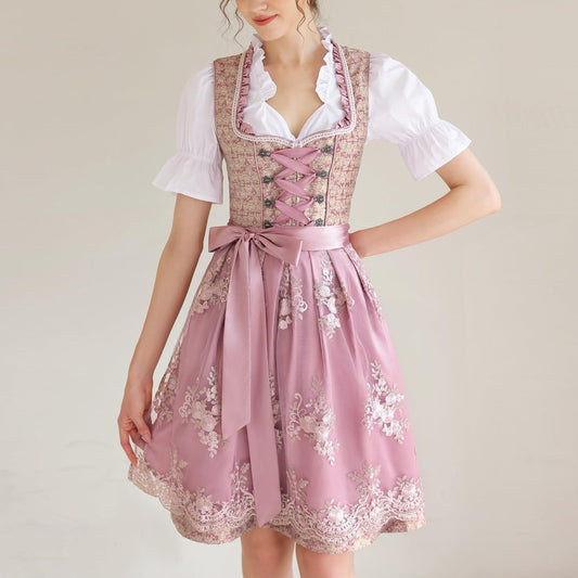 Oktoberfest Rosa Dirndlkleid mit Spitzenschürze und Bluse 0