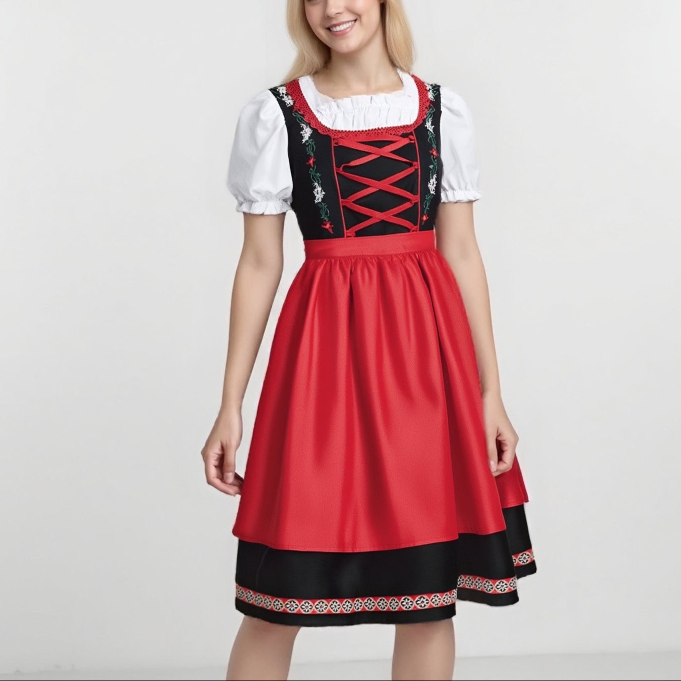 Oktoberfest Rot Schwarz Besticktes Dirndlkleid mit Schürze 0