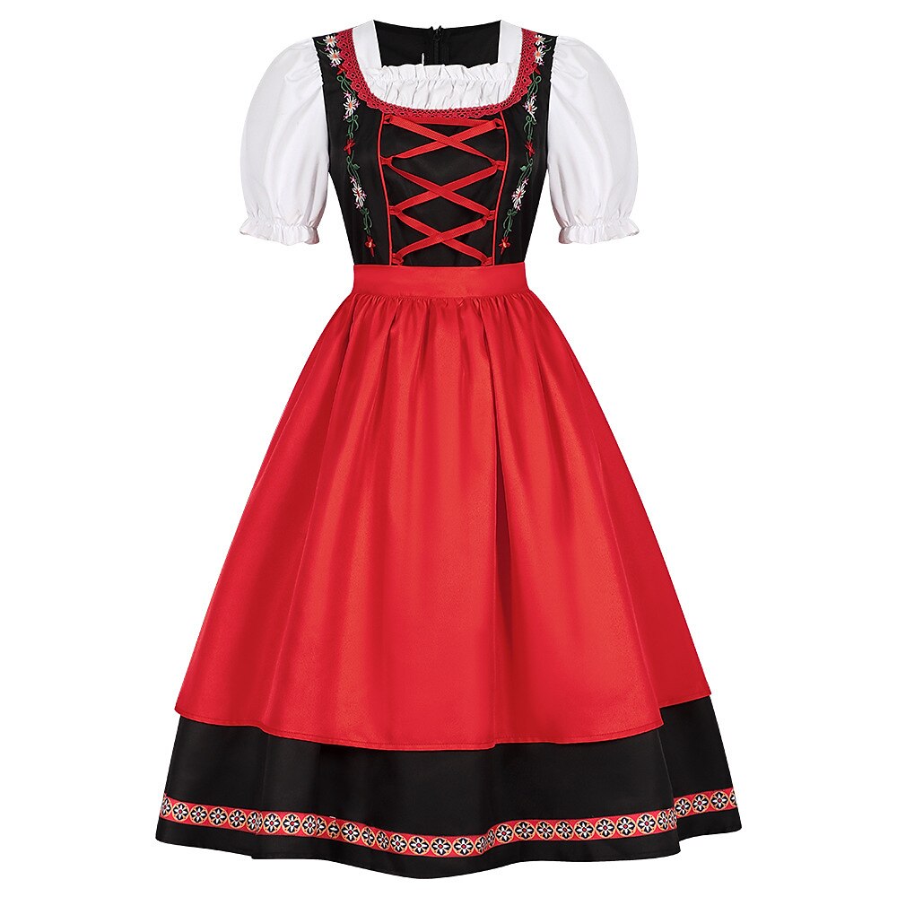 Oktoberfest Rot Schwarz Besticktes Dirndlkleid mit Schürze 1