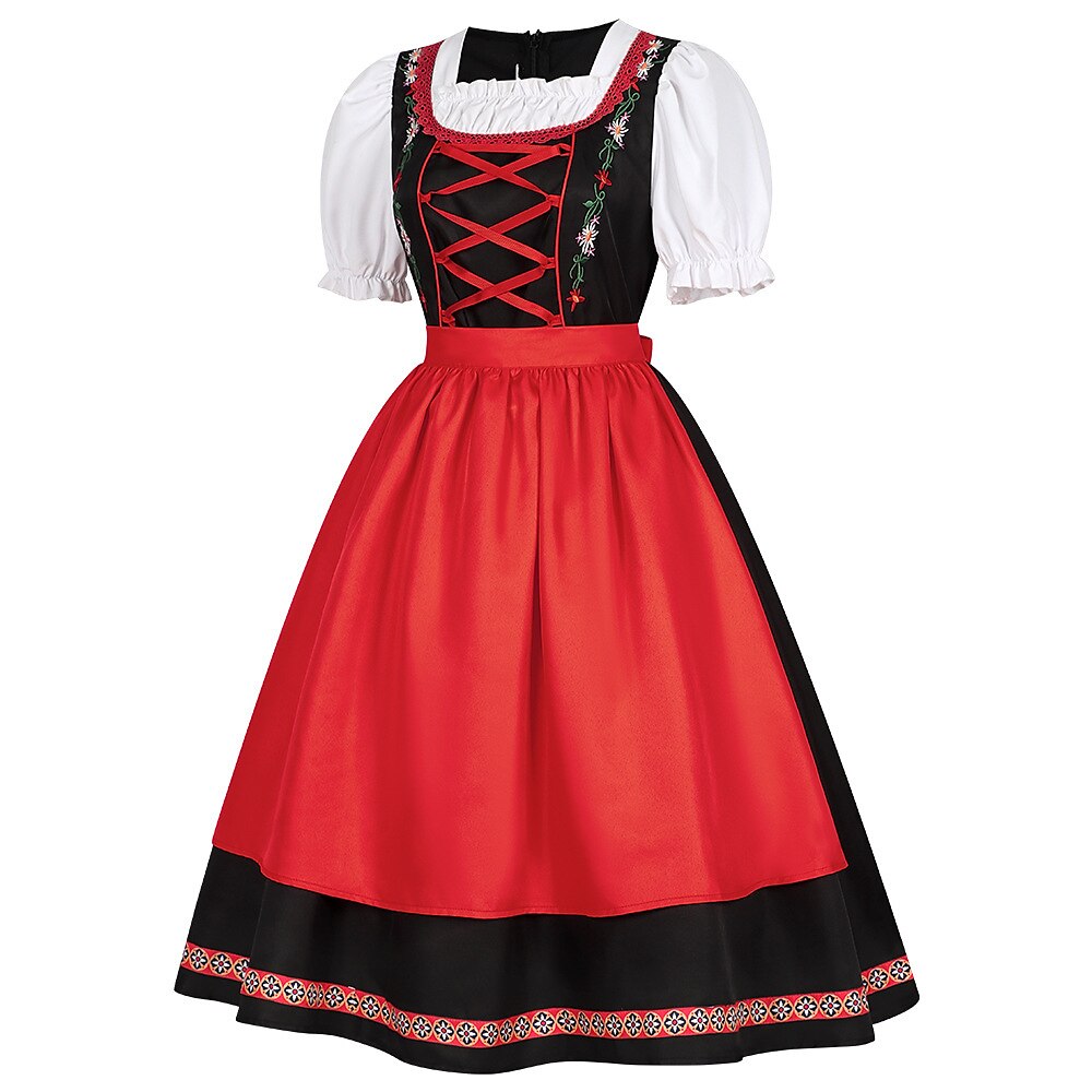 Oktoberfest Rot Schwarz Besticktes Dirndlkleid mit Schürze 3