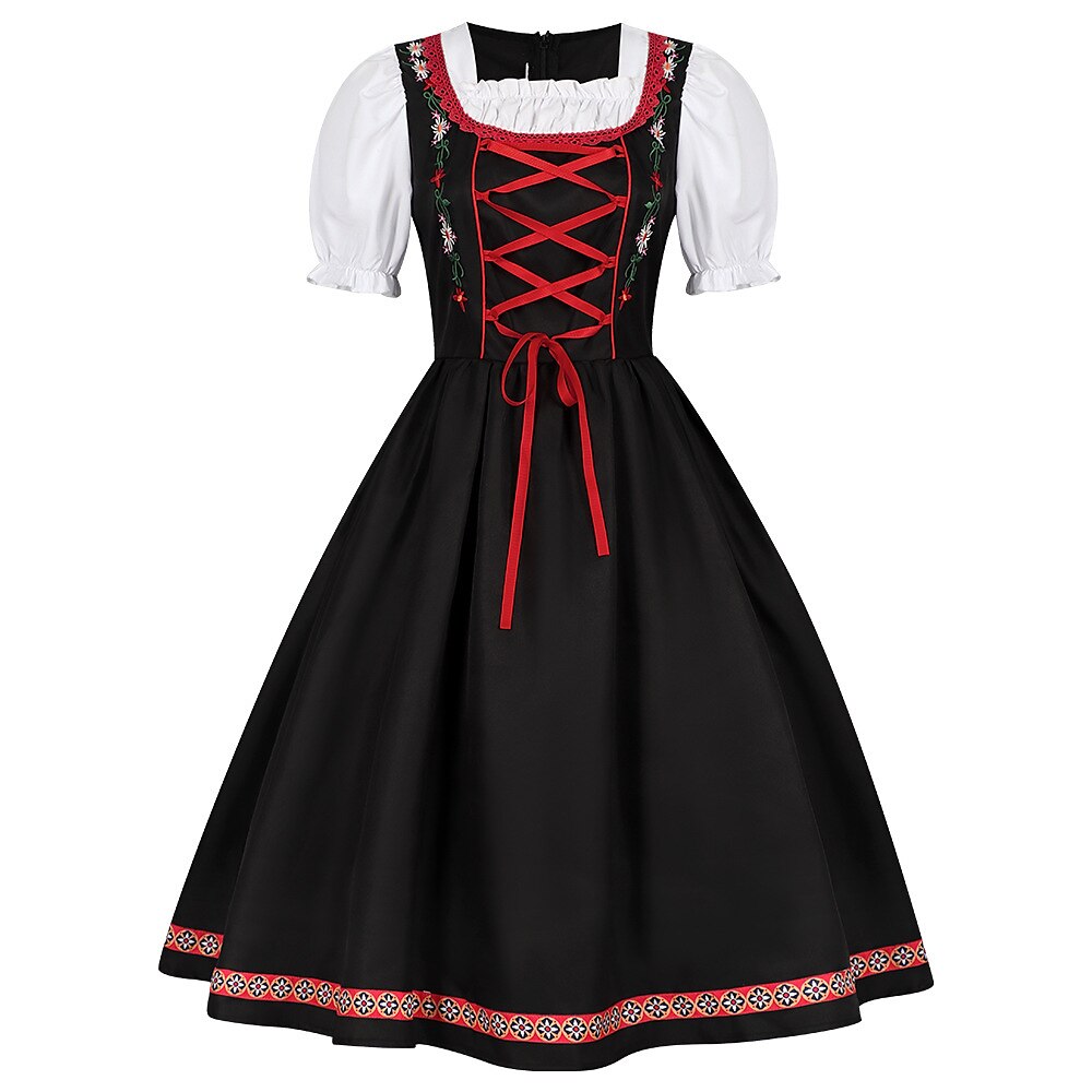 Oktoberfest Rot Schwarz Besticktes Dirndlkleid mit Schürze 4