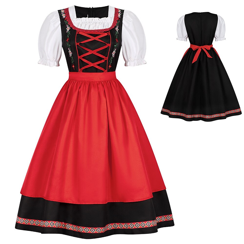 Oktoberfest Rot Schwarz Besticktes Dirndlkleid mit Schürze 5