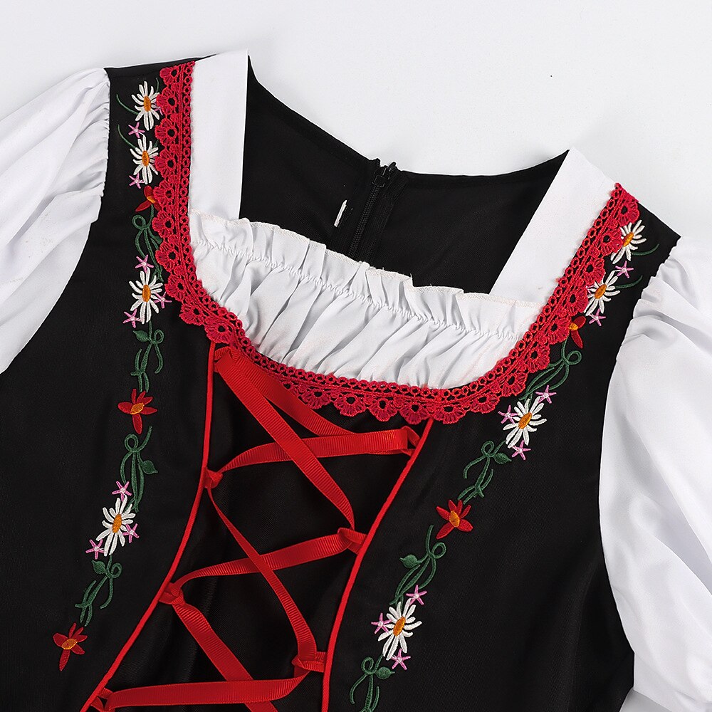 Oktoberfest Rot Schwarz Besticktes Dirndlkleid mit Schürze 6