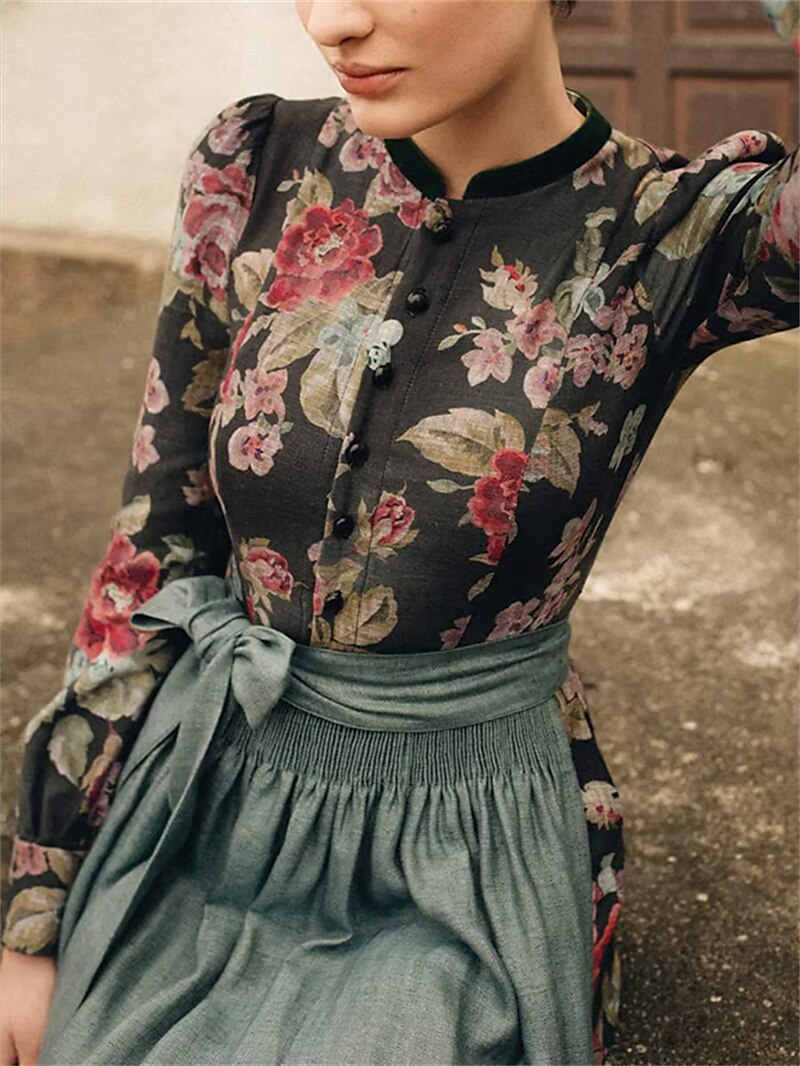 Oktoberfest Schwarzes geblümtes Vintage Dirndlkleid mit Schürze 0