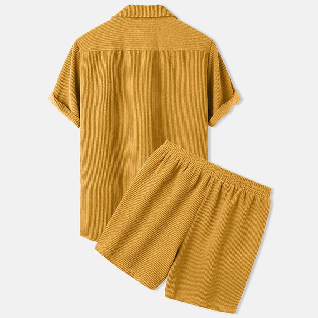 Herren Set Beige Größe M Polyester Cord Kurzarmhemd und Shorts-6
