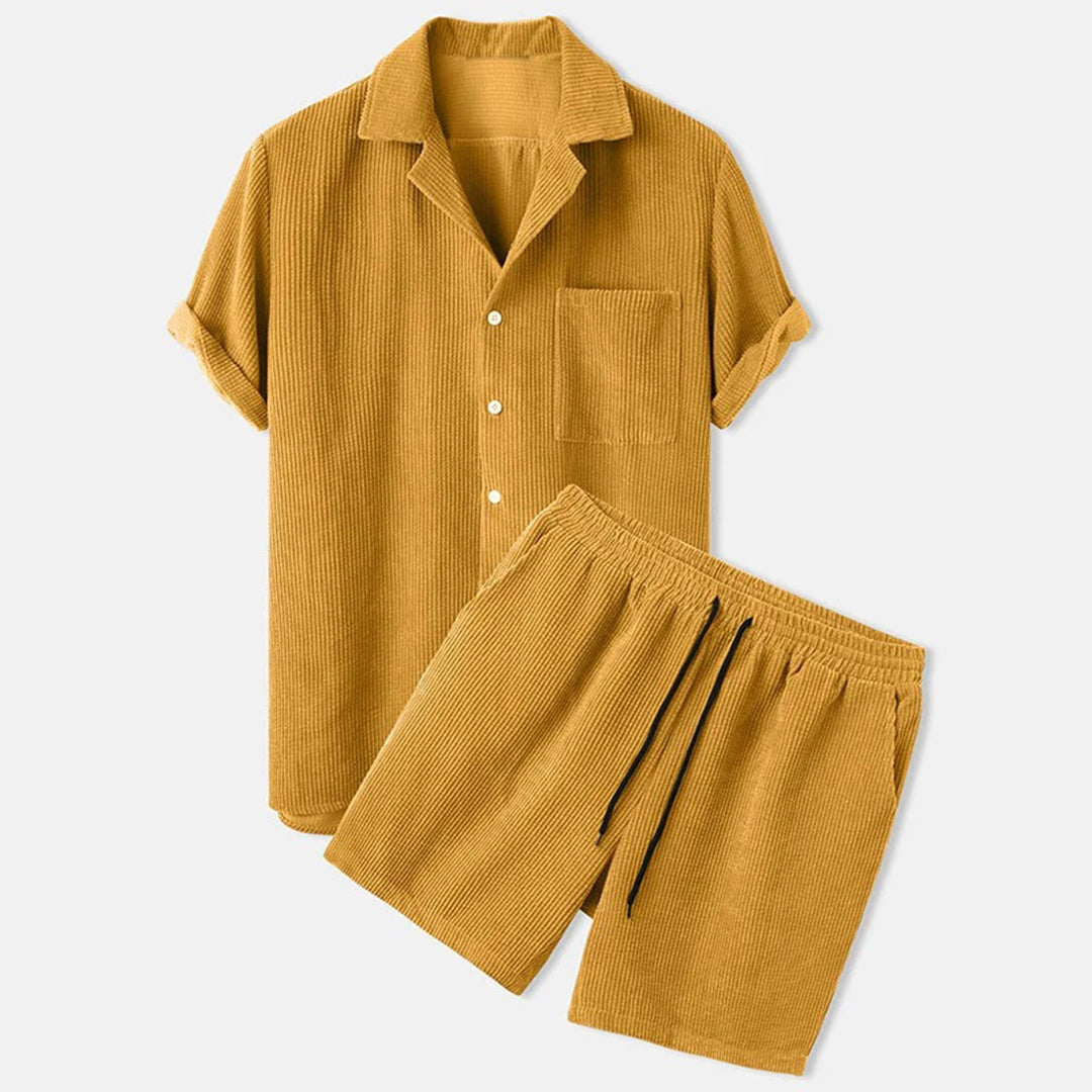 Herren Set Beige Größe M Polyester Cord Kurzarmhemd und Shorts-2