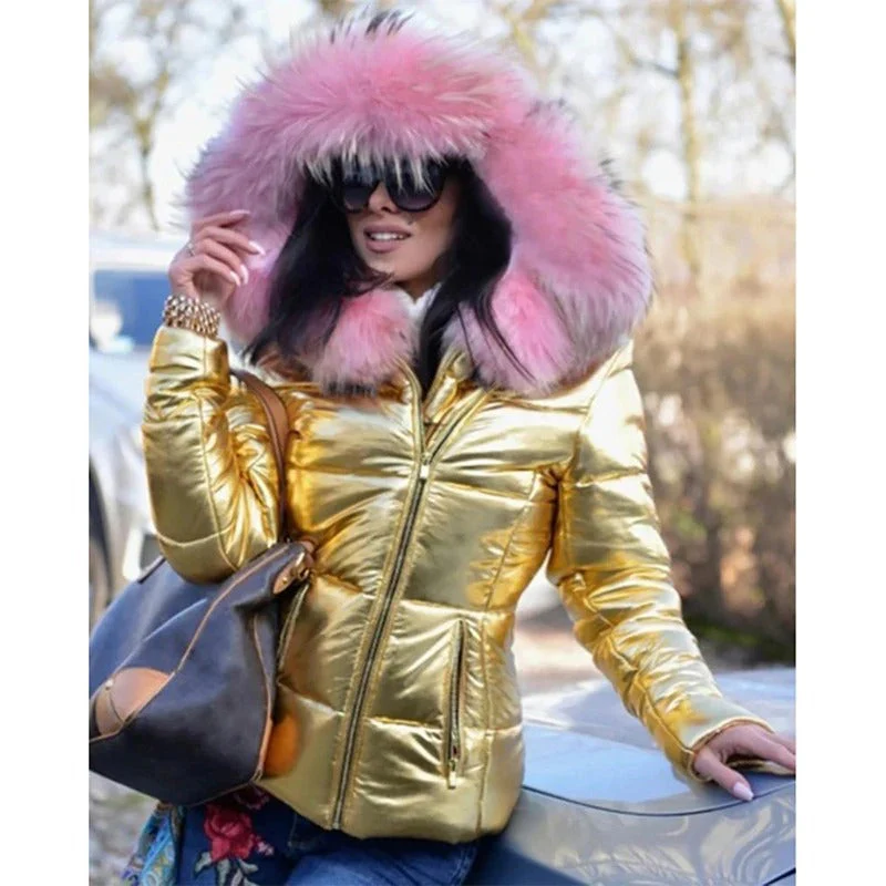 Pufferjacke für Damen – Taillierte Silhouette – Gestepptes Design – Kapuze aus Kunstpelz – Reißverschluss 0