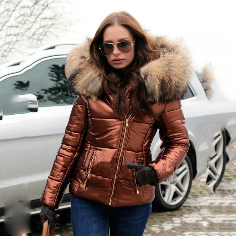 Pufferjacke für Damen – Taillierte Silhouette – Gestepptes Design – Kapuze aus Kunstpelz – Reißverschluss 2