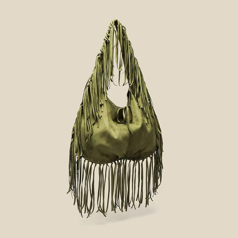 Retro Handtasche Damen aus Wildleder mit Fransen – Croissant-Form, Boho-Stil, Größe Klein und Groß, Elegante Tasche für Alltag und besondere Anlässe 1