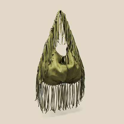 Retro Handtasche Damen aus Wildleder mit Fransen – Croissant-Form, Boho-Stil, Größe Klein und Groß, Elegante Tasche für Alltag und besondere Anlässe 1