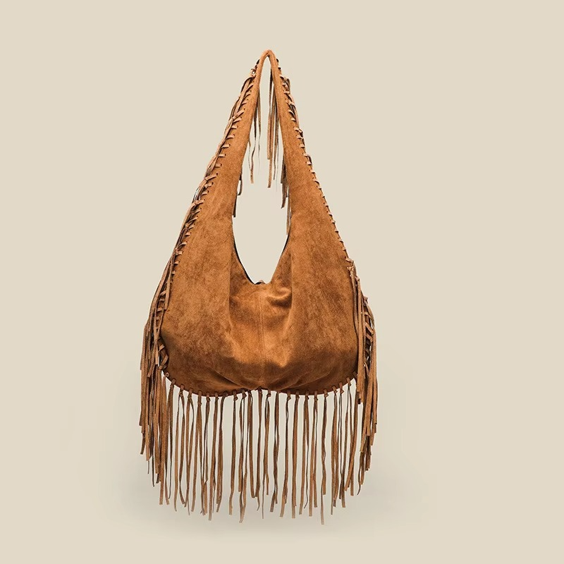 Retro Handtasche Damen aus Wildleder mit Fransen – Croissant-Form, Boho-Stil, Größe Klein und Groß, Elegante Tasche für Alltag und besondere Anlässe 3
