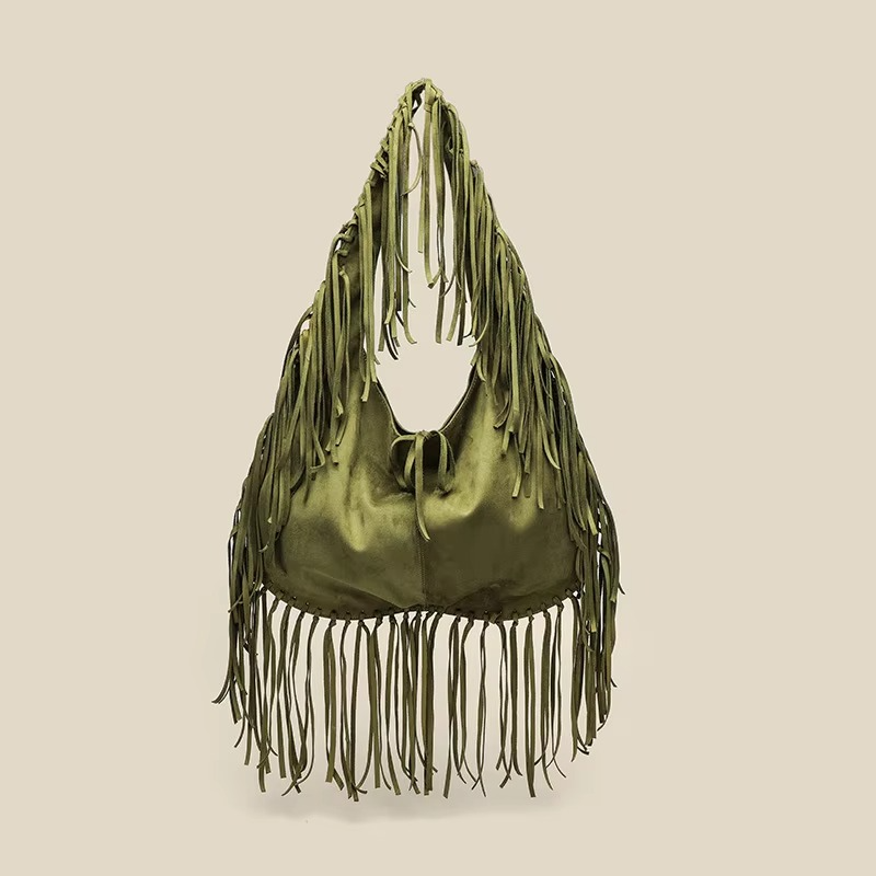 Retro Handtasche Damen aus Wildleder mit Fransen – Croissant-Form, Boho-Stil, Größe Klein und Groß, Elegante Tasche für Alltag und besondere Anlässe 5