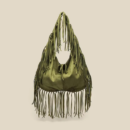 Retro Handtasche Damen aus Wildleder mit Fransen – Croissant-Form, Boho-Stil, Größe Klein und Groß, Elegante Tasche für Alltag und besondere Anlässe 5