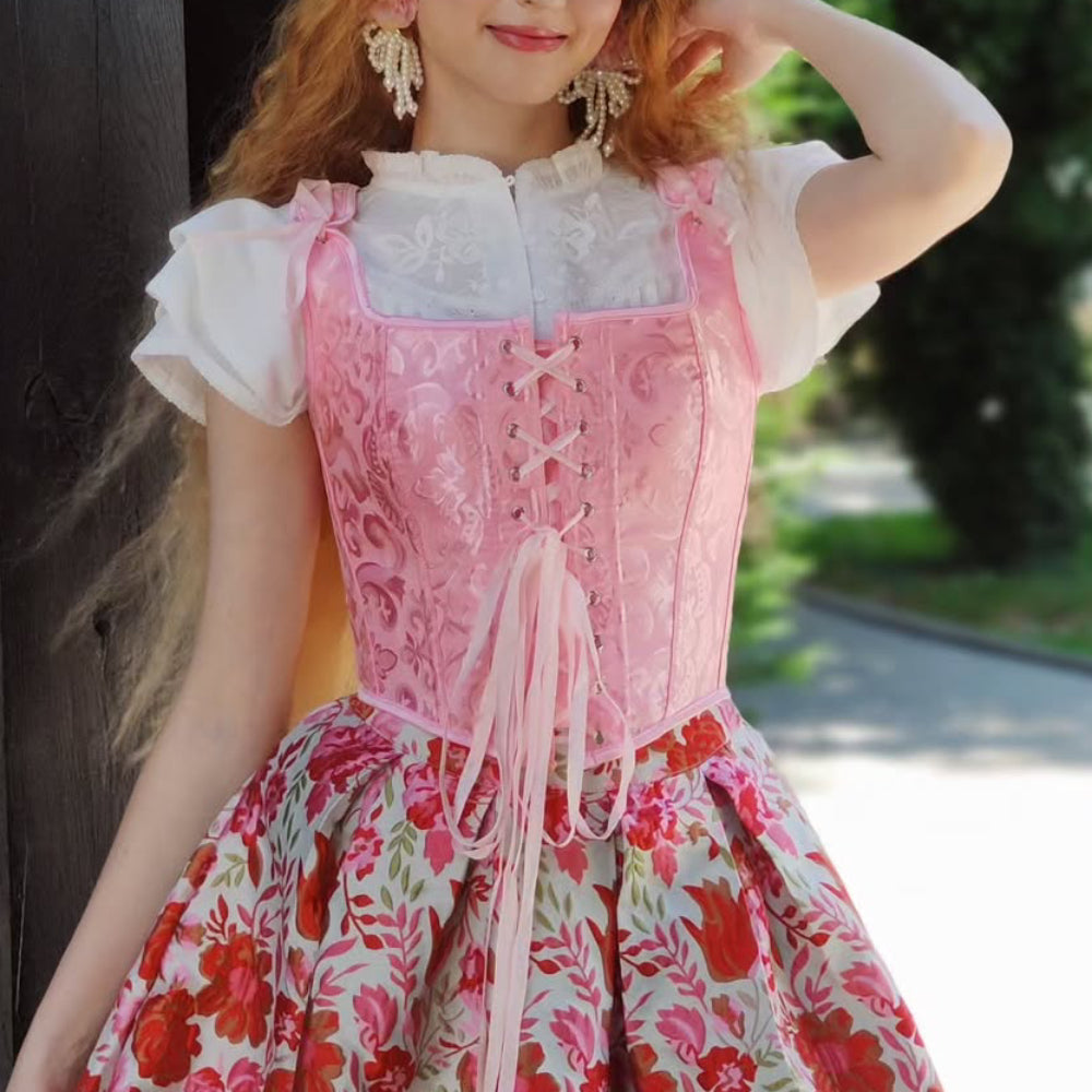 Retro Jacquard Korsett mit Schnürung und U-Rücken 0