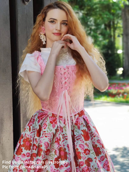 Retro Jacquard Korsett mit Schnürung und U-Rücken 1